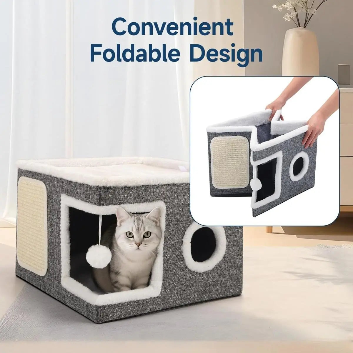 Large Cat Cave Bed for Indoor Cats Plush Foldable Kitten Hideaway House with Scratch Pad Ball Toys Calming Cat Bed Washable Cat Condo Pet Soft