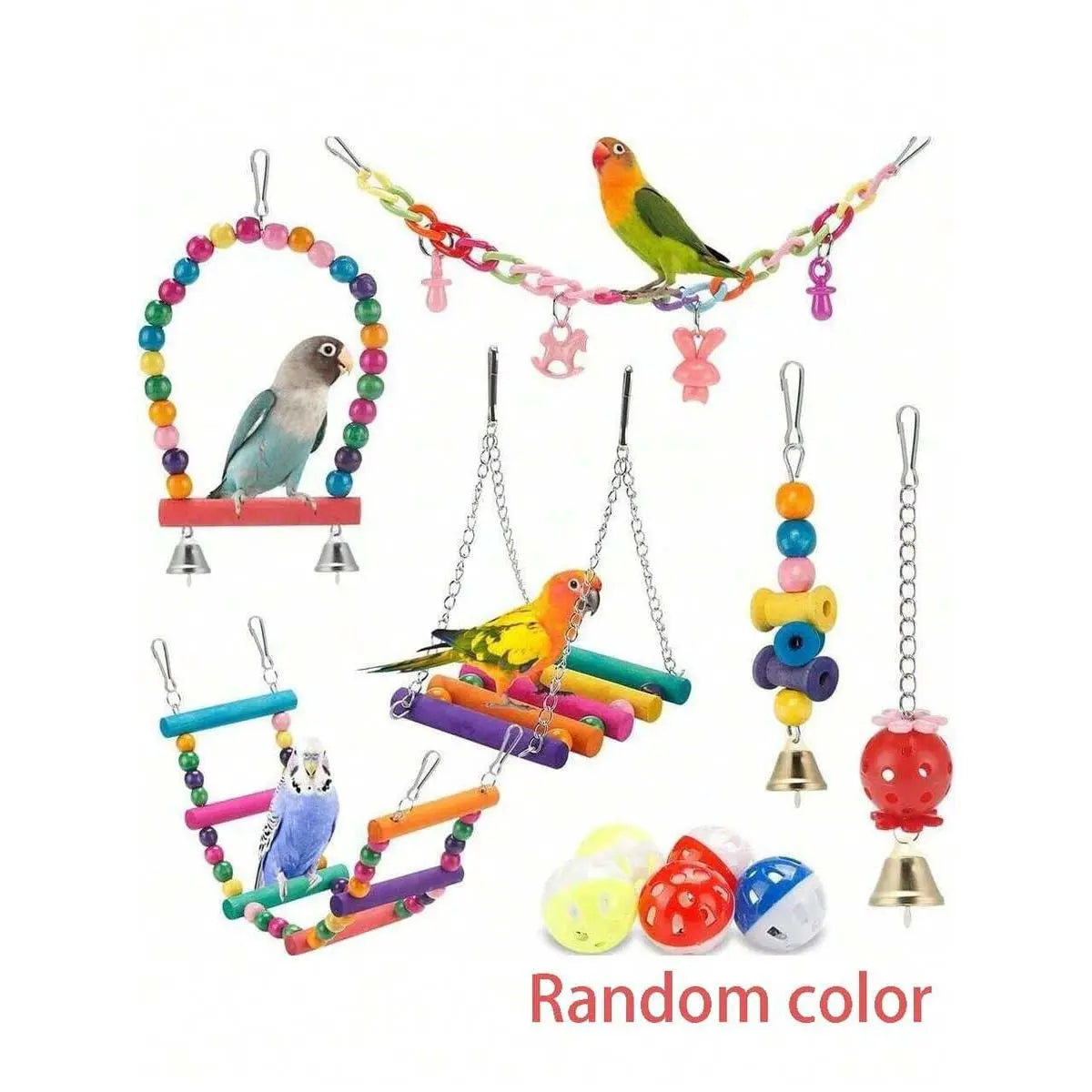 11Pcs/Set Random Color Parrot Toy, Bird Chewing Toy Include Bird Swing, Perch, Stand, Bell, Hanging Hammock, Bird Cage Toy Suitable for Parakeet