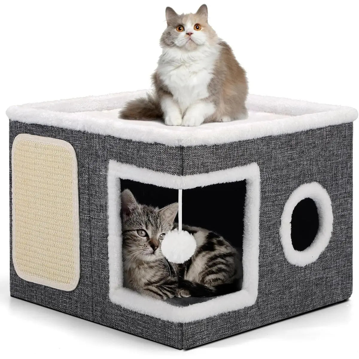 Large Cat Cave Bed for Indoor Cats Plush Foldable Kitten Hideaway House with Scratch Pad Ball Toys Calming Cat Bed Washable Cat Condo Pet Soft