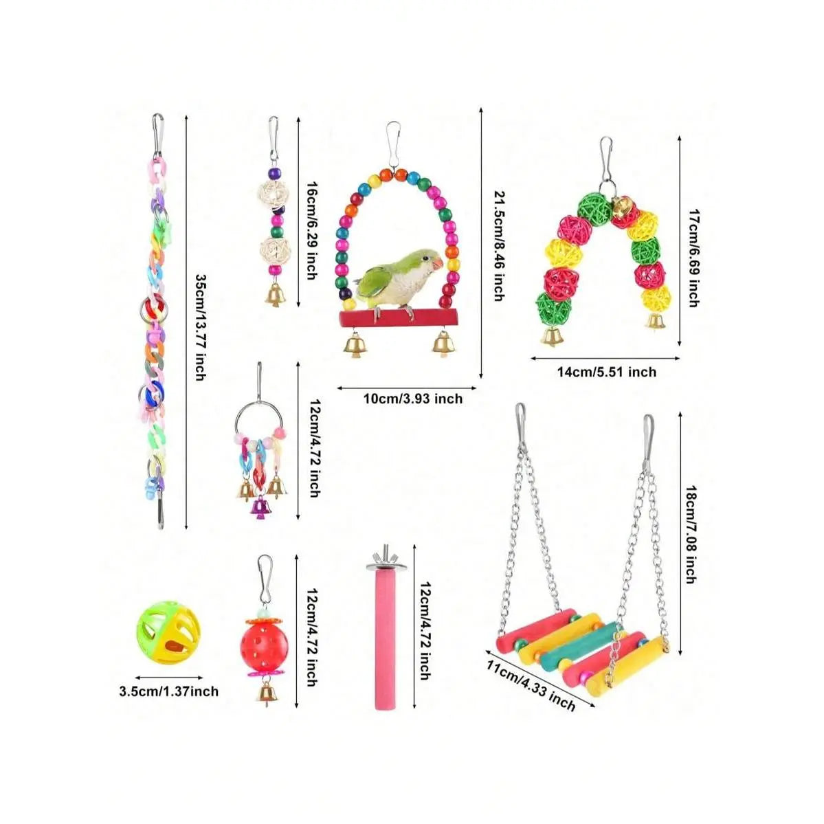 11Pcs/Set Random Color Parrot Toy, Bird Chewing Toy Include Bird Swing, Perch, Stand, Bell, Hanging Hammock, Bird Cage Toy Suitable for Parakeet