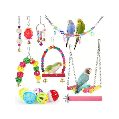 11Pcs/Set Random Color Parrot Toy, Bird Chewing Toy Include Bird Swing, Perch, Stand, Bell, Hanging Hammock, Bird Cage Toy Suitable for Parakeet
