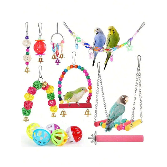 11Pcs/Set Random Color Parrot Toy, Bird Chewing Toy Include Bird Swing, Perch, Stand, Bell, Hanging Hammock, Bird Cage Toy Suitable for Parakeet