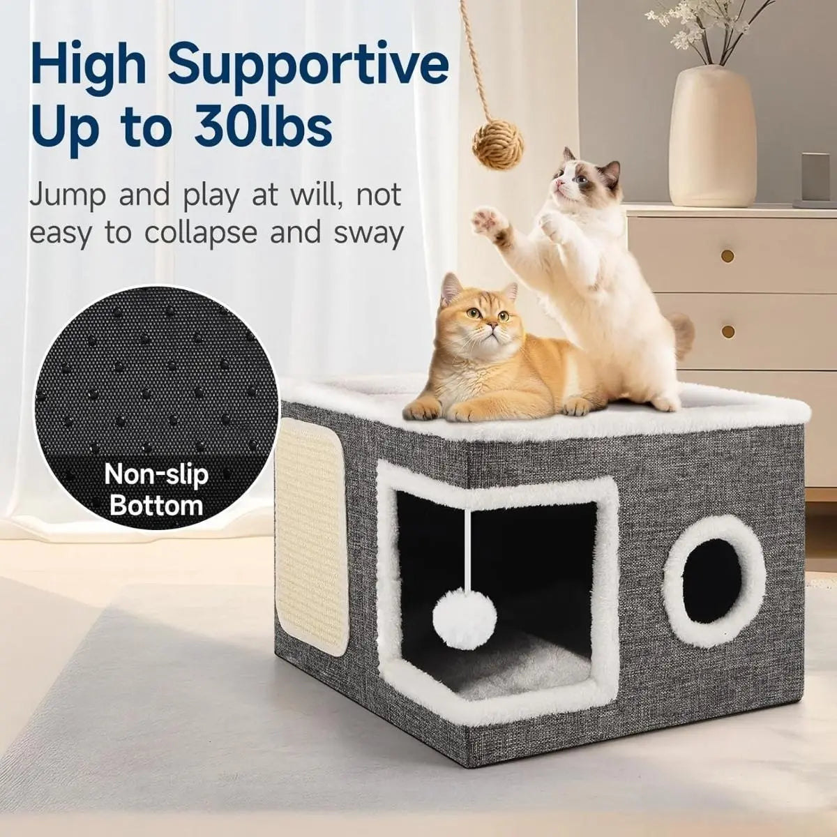Large Cat Cave Bed for Indoor Cats Plush Foldable Kitten Hideaway House with Scratch Pad Ball Toys Calming Cat Bed Washable Cat Condo Pet Soft