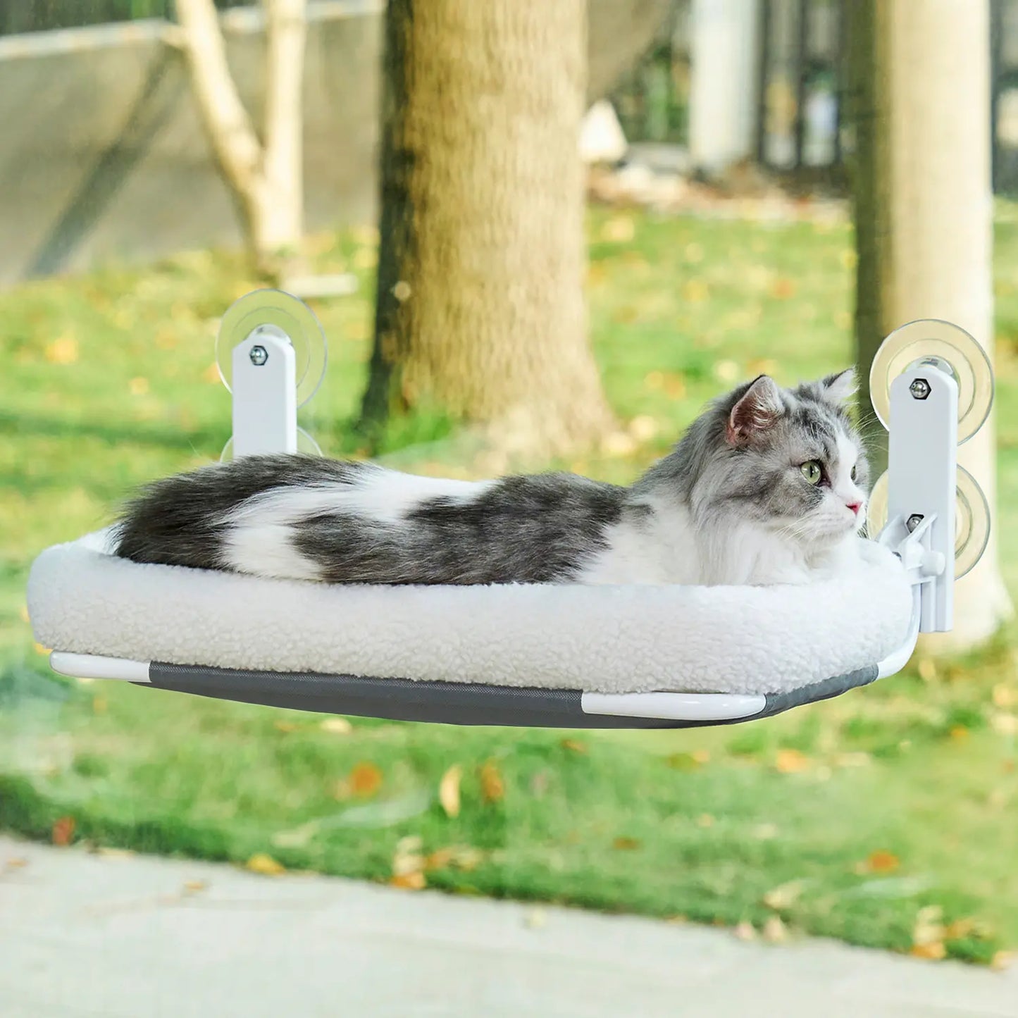Zakkart Cordless Folding Cat Hammock for Window - Machine Washable Bed with Robust Metal Frame and Strong Suction Cups - Ideal Perch for Cats and Small Dogs - White