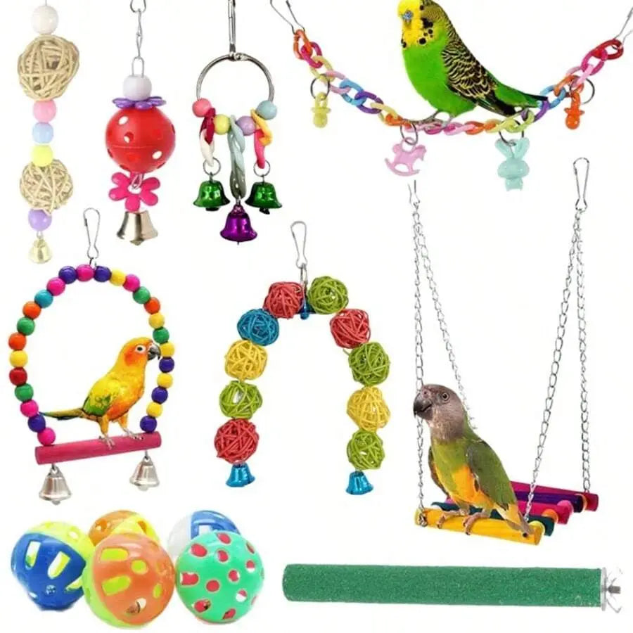 11Pcs/Set Random Color Parrot Toy, Bird Chewing Toy Include Bird Swing, Perch, Stand, Bell, Hanging Hammock, Bird Cage Toy Suitable for Parakeet