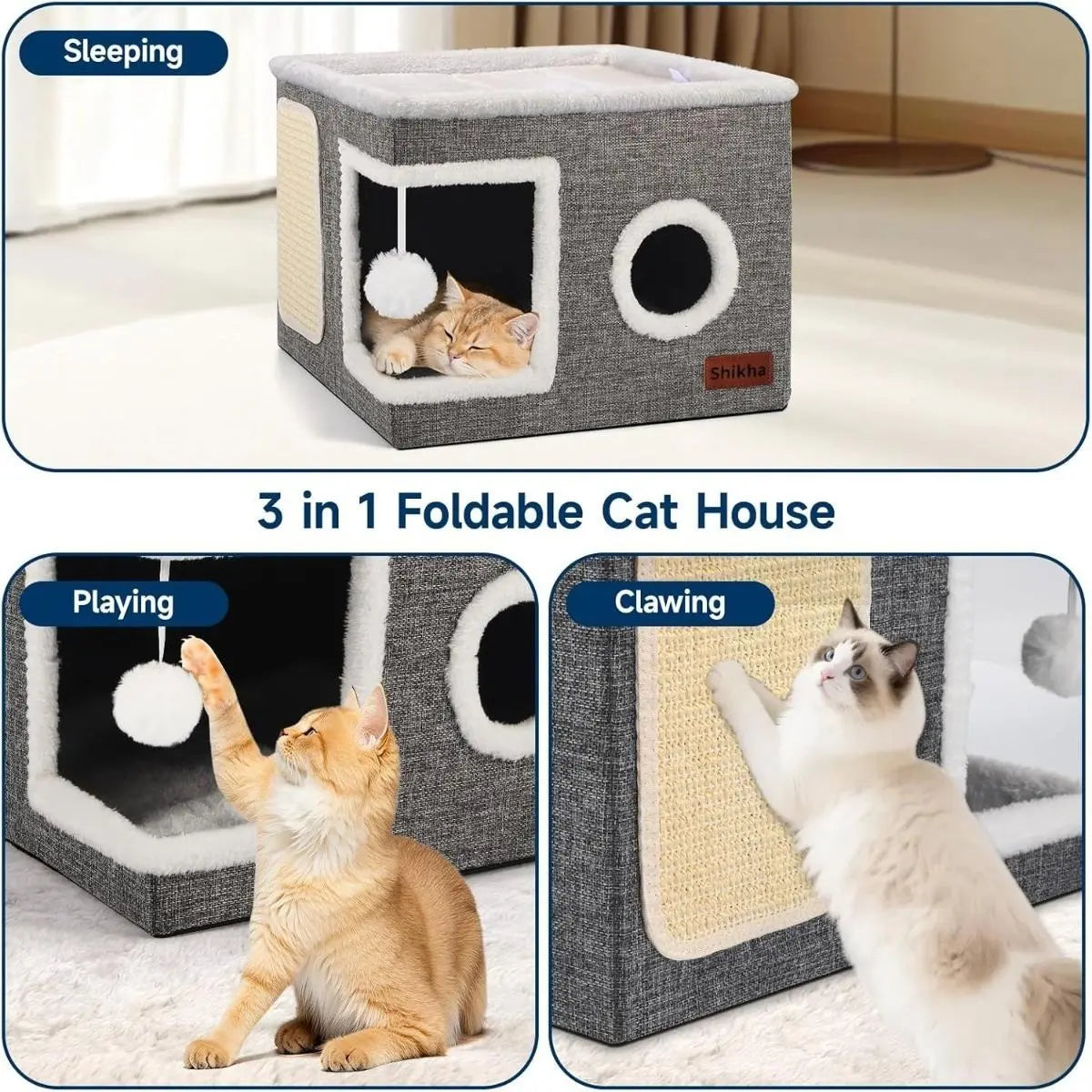 Large Cat Cave Bed for Indoor Cats Plush Foldable Kitten Hideaway House with Scratch Pad Ball Toys Calming Cat Bed Washable Cat Condo Pet Soft