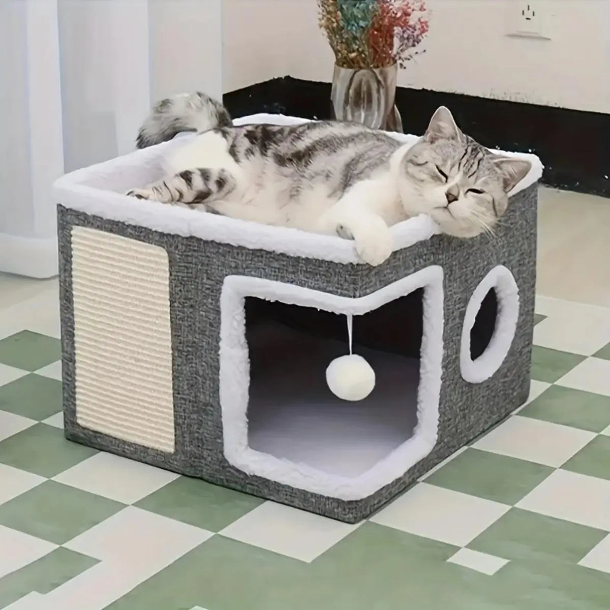 Large Cat Cave Bed for Indoor Cats Plush Foldable Kitten Hideaway House with Scratch Pad Ball Toys Calming Cat Bed Washable Cat Condo Pet Soft