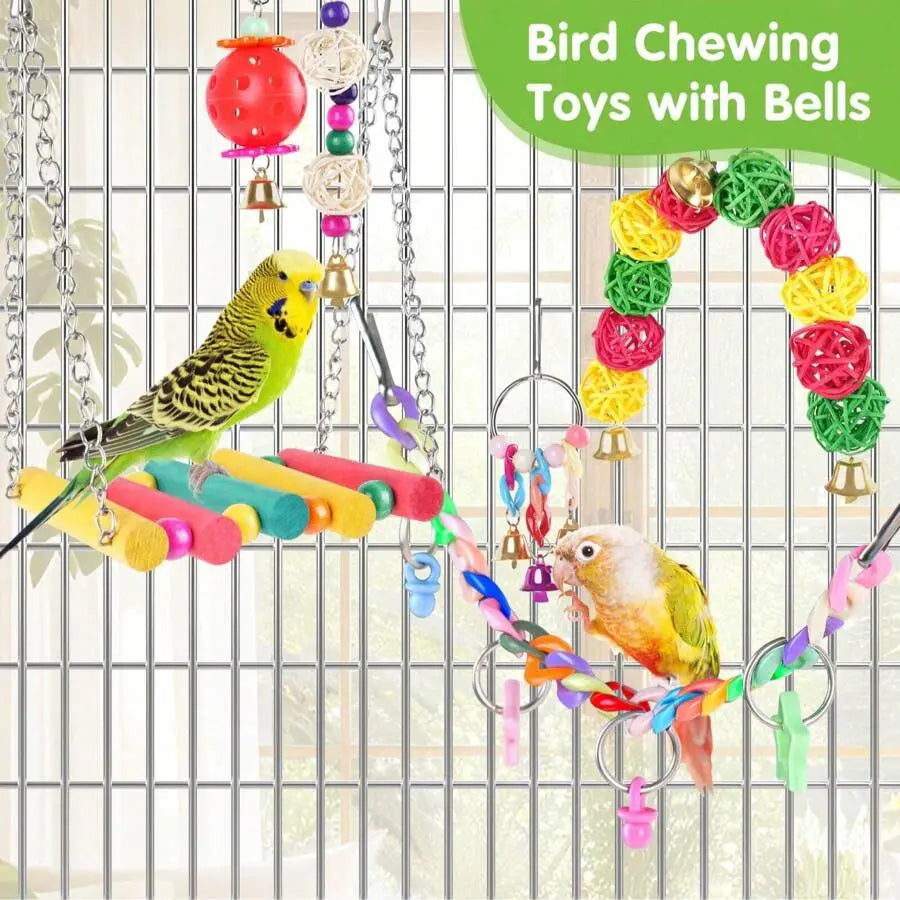 11Pcs/Set Random Color Parrot Toy, Bird Chewing Toy Include Bird Swing, Perch, Stand, Bell, Hanging Hammock, Bird Cage Toy Suitable for Parakeet