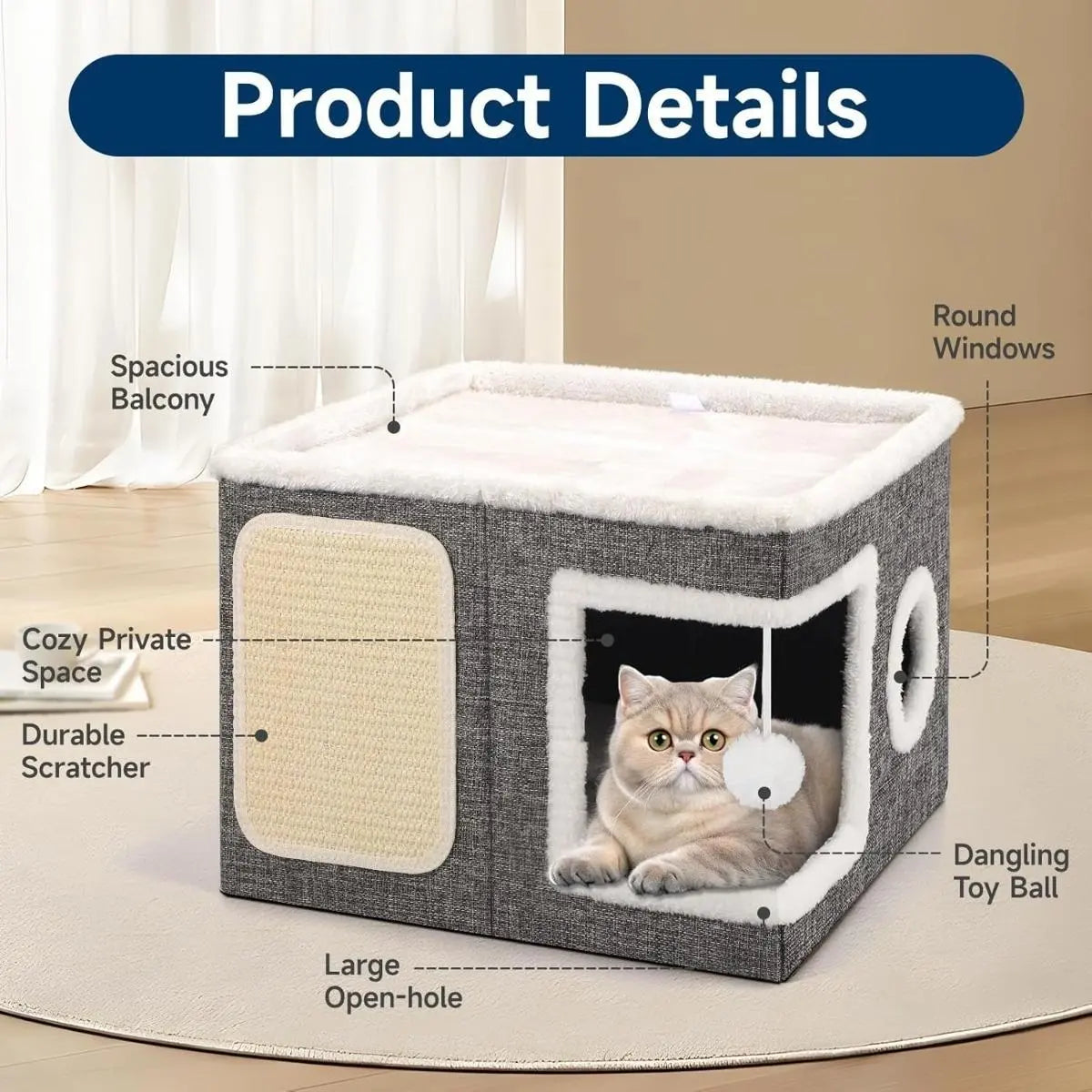 Large Cat Cave Bed for Indoor Cats Plush Foldable Kitten Hideaway House with Scratch Pad Ball Toys Calming Cat Bed Washable Cat Condo Pet Soft