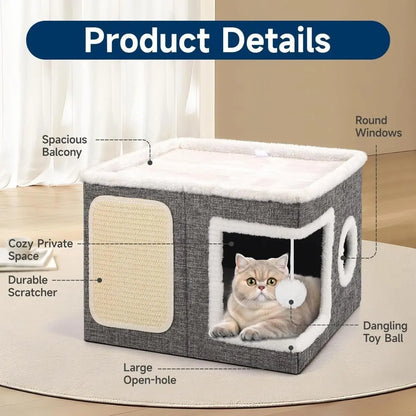 Large Cat Cave Bed for Indoor Cats Plush Foldable Kitten Hideaway House with Scratch Pad Ball Toys Calming Cat Bed Washable Cat Condo Pet Soft