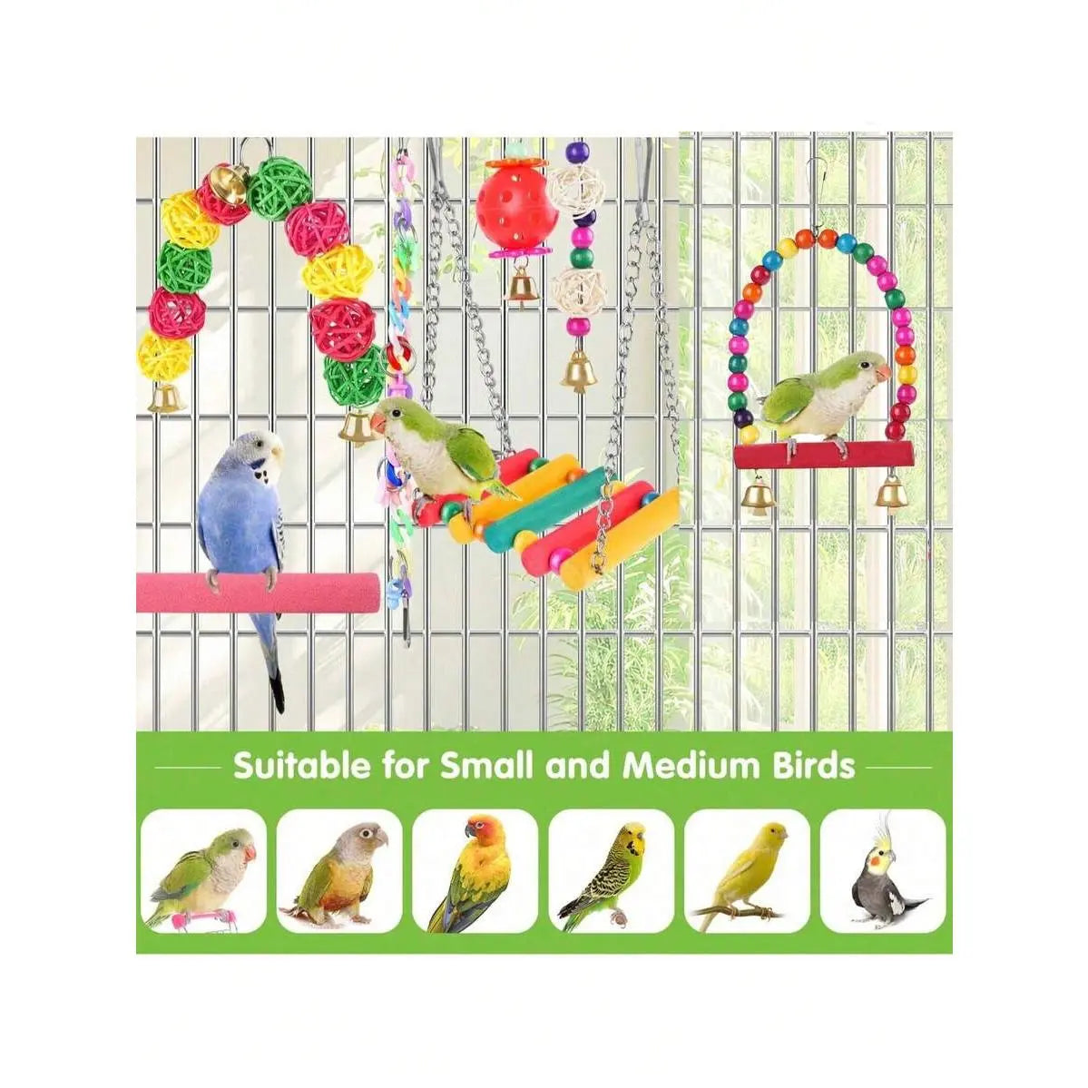 11Pcs/Set Random Color Parrot Toy, Bird Chewing Toy Include Bird Swing, Perch, Stand, Bell, Hanging Hammock, Bird Cage Toy Suitable for Parakeet