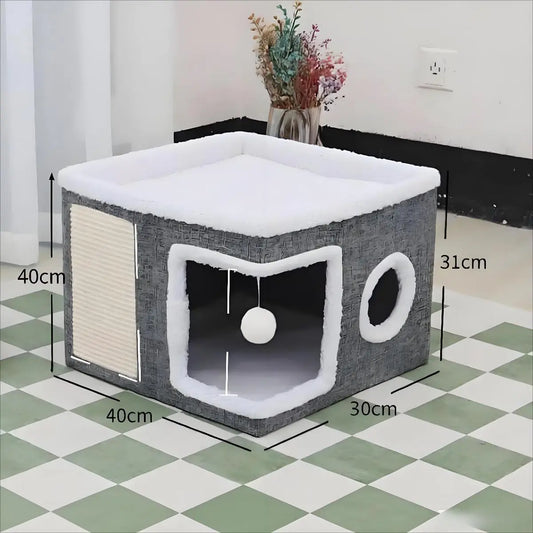 Large Cat Cave Bed for Indoor Cats Plush Foldable Kitten Hideaway House with Scratch Pad Ball Toys Calming Cat Bed Washable Cat Condo Pet Soft
