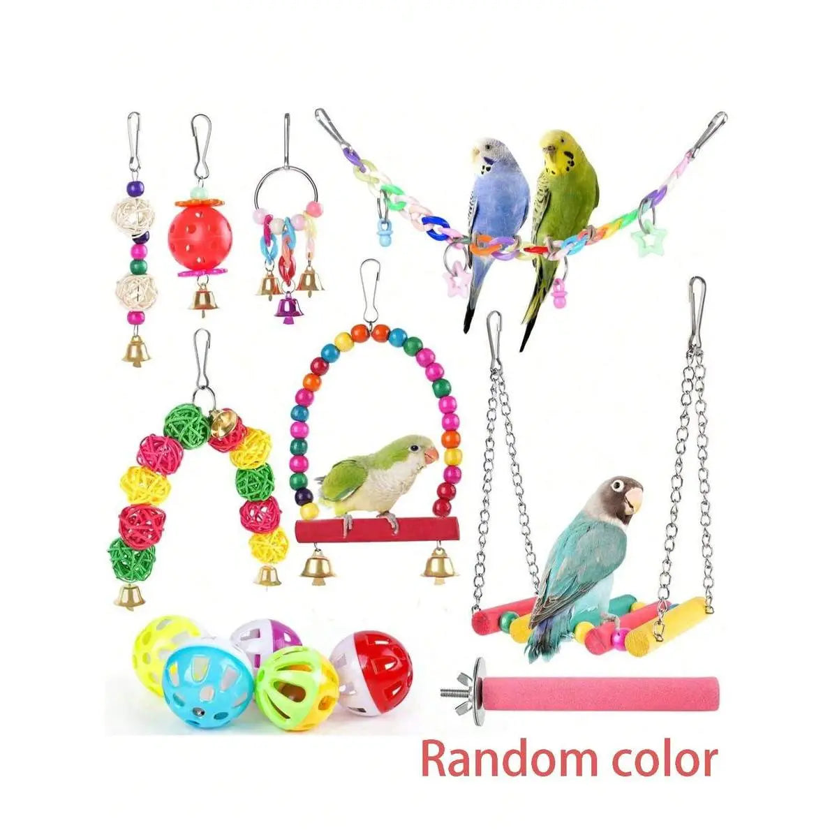 11Pcs/Set Random Color Parrot Toy, Bird Chewing Toy Include Bird Swing, Perch, Stand, Bell, Hanging Hammock, Bird Cage Toy Suitable for Parakeet