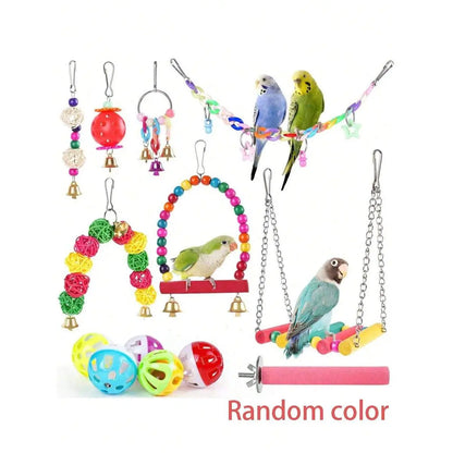 11Pcs/Set Random Color Parrot Toy, Bird Chewing Toy Include Bird Swing, Perch, Stand, Bell, Hanging Hammock, Bird Cage Toy Suitable for Parakeet