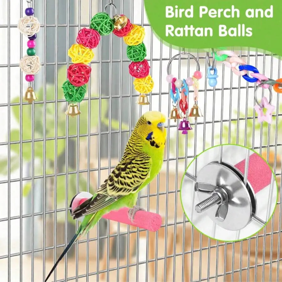 11Pcs/Set Random Color Parrot Toy, Bird Chewing Toy Include Bird Swing, Perch, Stand, Bell, Hanging Hammock, Bird Cage Toy Suitable for Parakeet