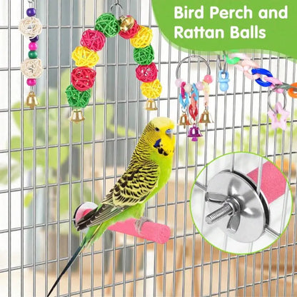 11Pcs/Set Random Color Parrot Toy, Bird Chewing Toy Include Bird Swing, Perch, Stand, Bell, Hanging Hammock, Bird Cage Toy Suitable for Parakeet